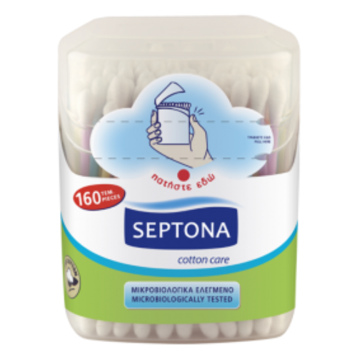 SEPTONA COTTON BUDS in a round plastic drum with dispenser lid and label SEPTONA #160 500-0994/0001
